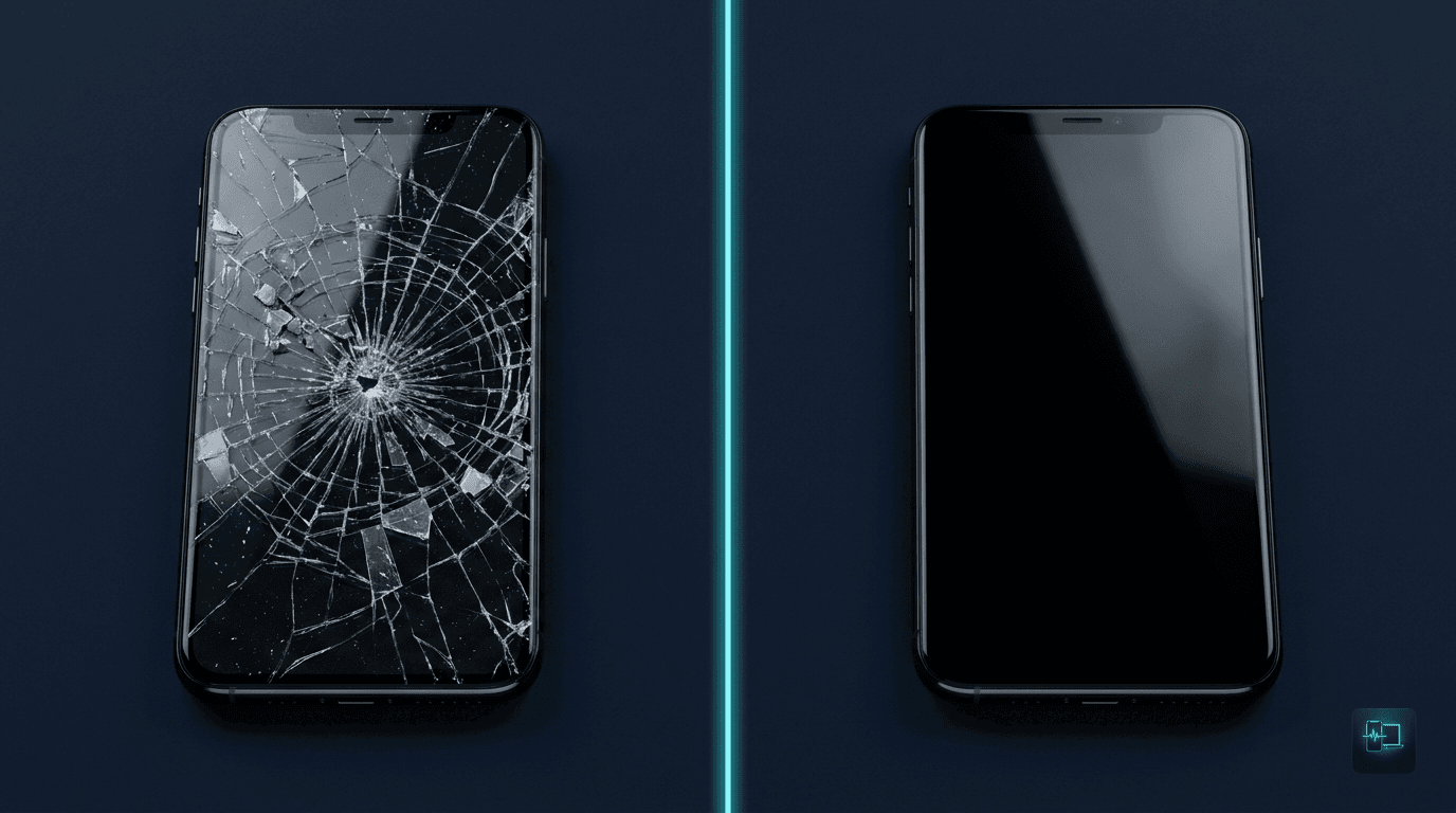 Ejemplo ilustrativo: pantalla de celular rota junto a pantalla nueva instalada